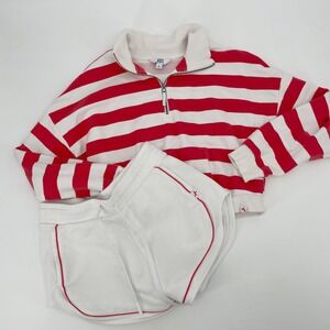 JoyLab Red White Striped Quarter Zip Crop Sweatshirt and Shorts Set Womens M